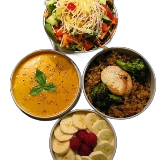 food, photorealistic, variety, bowls, containing, soup, salad, rice transparent PNG cut-out