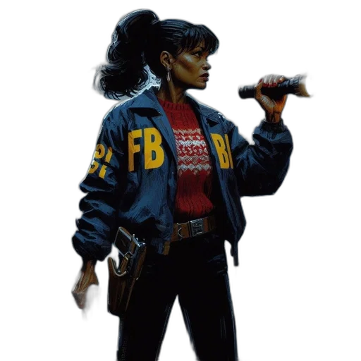 jacket, staff, weapon, concept art, cyberpunk, pixel art, comic book art, fbi transparent PNG cut-out