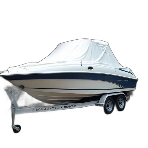 white, blue, speedboat, parked, trailer, driveway, boat, covered transparent PNG cut-out