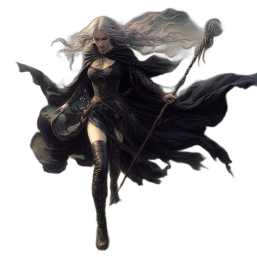 dress, staff, sword, concept art, fantasy art, pixel art, comic book art, dark transparent PNG cut-out