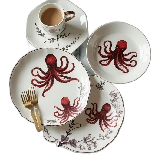 food, 3d render, plates, octopus transparent PNG cut-out