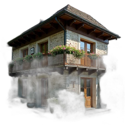 building, photorealistic, 3d render, concept art, fantasy art, fog, two-story, stone transparent PNG cut-out