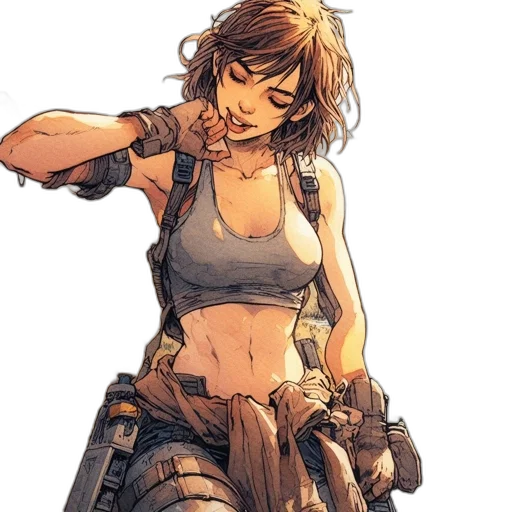 weapon, concept art, comic book art, pixel art, cyberpunk, earth tones, golden, woman transparent PNG cut-out