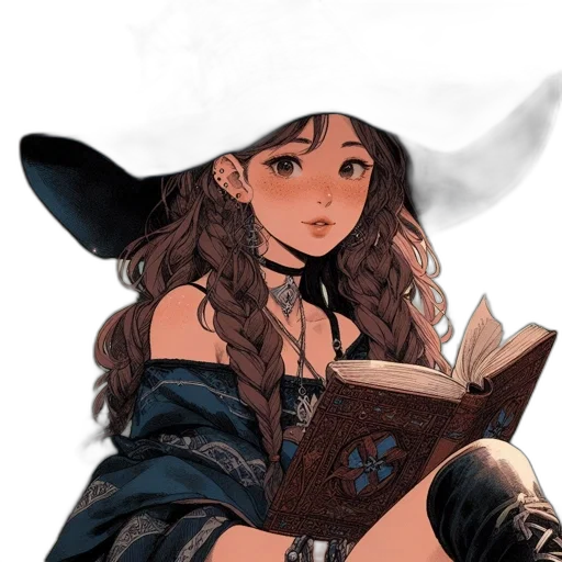 hat, dress, staff, weapon, fantasy art, concept art, comic book art, anime transparent PNG cut-out