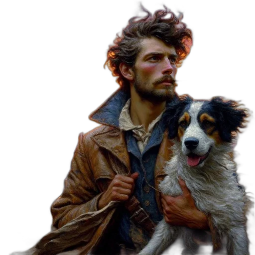 jacket, animal, staff, photorealistic, concept art, oil painting, pixel art, man transparent PNG cut-out