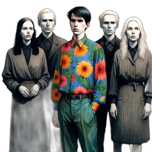 jacket, concept art, comic book art, photorealistic, pixel art, colorful, five, individuals transparent PNG cut-out