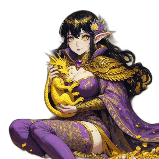 dragon, dress, jewelry, fantasy art, concept art, pixel art, anime, golden transparent PNG cut-out