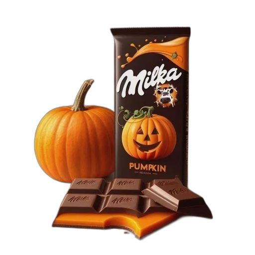 food, photorealistic, halloween-themed, milka, chocolate, bar, pumpkin, design transparent PNG cut-out