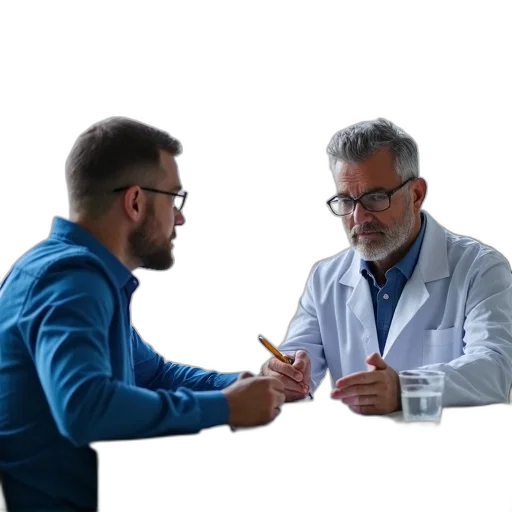 staff, jacket, man, blue, shirt, seated, table, doctor transparent PNG cut-out