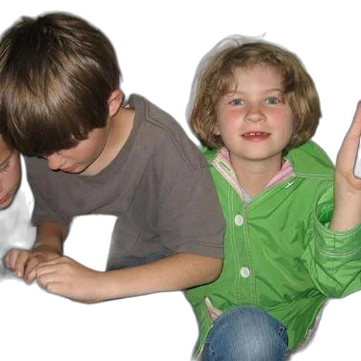 three, children, sit, together, one, wearing, green, jacket transparent PNG cut-out