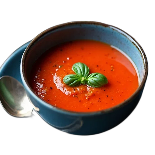 food, photorealistic, 3d render, bowl, red, tomato, soup, basil transparent PNG cut-out