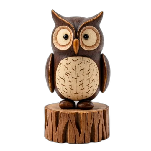 3d render, photorealistic, small, wooden, owl, sculpture, textured, bark-like transparent PNG cut-out