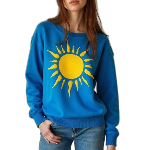 jacket, blue, woman, wearing, sweater, yellow, sun, graphic transparent PNG cut-out