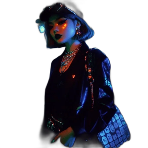 jacket, hat, jewelry, vaporwave, cyberpunk, photorealistic, pixel art, neon lights transparent PNG cut-out