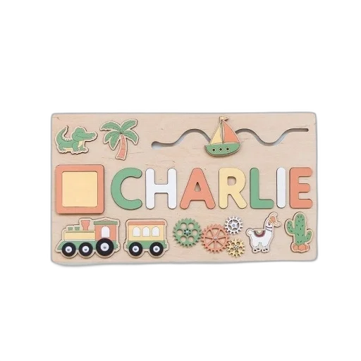 earth tones, personalized, wooden, puzzle, name, charlie, spelled, out transparent PNG cut-out
