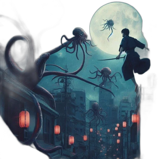 creature, concept art, fantasy art, comic book art, pixel art, underwater, fog, night transparent PNG cut-out