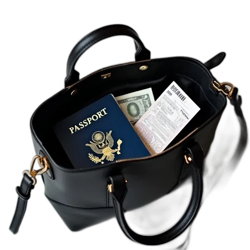 black, leather, handbag, gold, buckle, placed, marble, surface transparent PNG cut-out