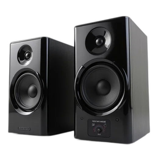 3d render, set, three, modern, black, speakers, sleek, design transparent PNG cut-out
