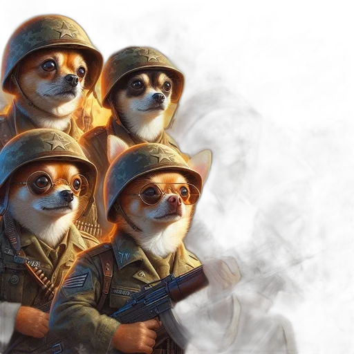 mask, concept art, anthropomorphic, dog, soldiers, firearms, stand, together transparent PNG cut-out