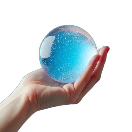 3d render, photorealistic, outer space, hand, holds, ice, ball, blue transparent PNG cut-out
