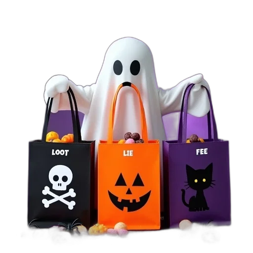 first, image, shows, three, halloween-themed, tote, bags, ghostly transparent PNG cut-out