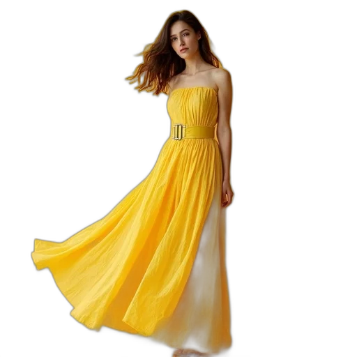 dress, photorealistic, golden, woman, wearing, yellow, wide, belt transparent PNG cut-out