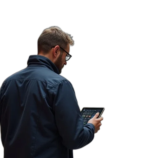 staff, jacket, warehouse, worker, his, tablet, looking, load transparent PNG cut-out