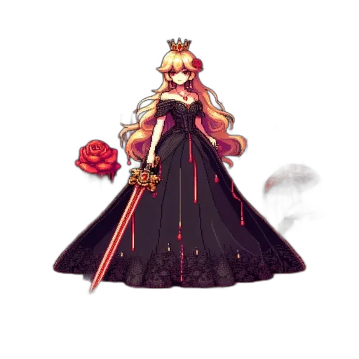dress, crown, staff, weapon, pixel art, concept art, fantasy art, anime transparent PNG cut-out