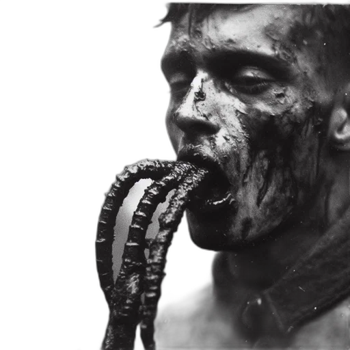 creature, face, monochrome, shot, person, distressing, markings, their transparent PNG cut-out