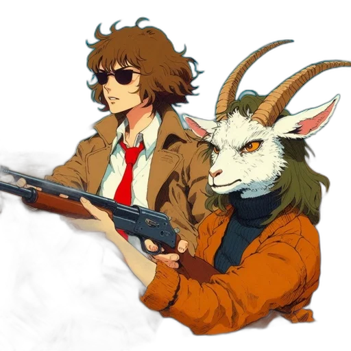 weapon, jacket, animal, staff, anime, concept art, cyberpunk, pixel art transparent PNG cut-out