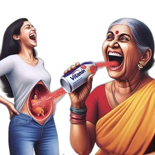 bottle, food, photorealistic, comic book art, concept art, two, women, laugh transparent PNG cut-out