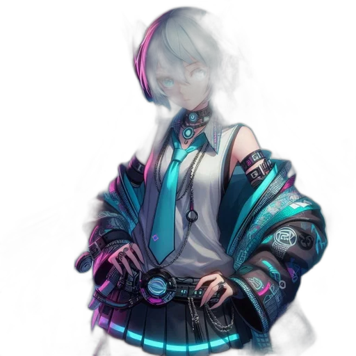 jacket, dress, robot, staff, concept art, cyberpunk, fantasy art, vaporwave transparent PNG cut-out