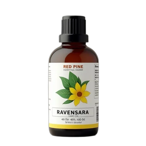 bottle, red, pine, ravensara, essential, oil, label, featuring transparent PNG cut-out