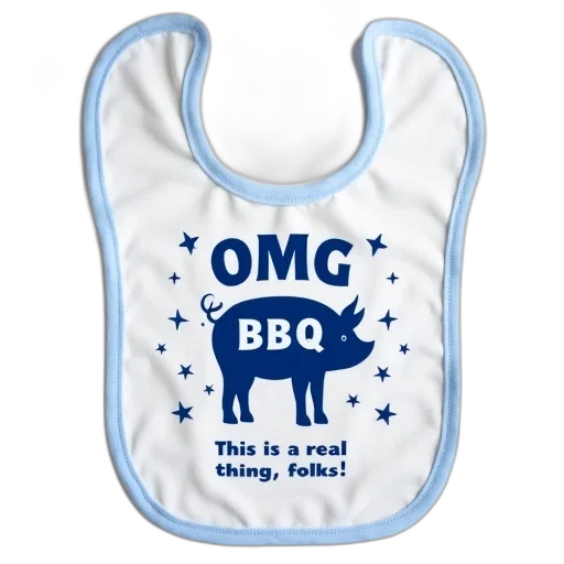 white, baby, bib, blue, border, text, reads, omg transparent PNG cut-out