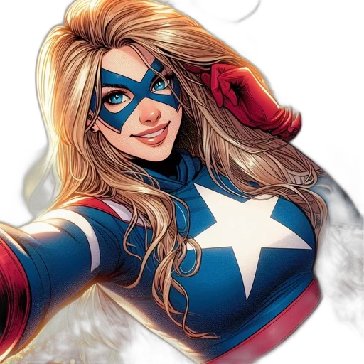 comic book art, concept art, female, superhero, blue, red, costume, white transparent PNG cut-out