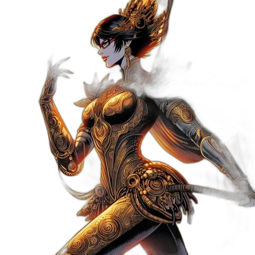 fantasy art, concept art, comic book art, 3d render, golden, dark, armored, woman transparent PNG cut-out