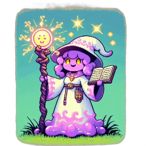 staff, dress, hat, fantasy art, pixel art, concept art, vaporwave, pastel transparent PNG cut-out