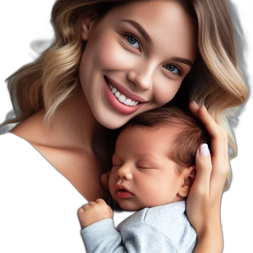 photorealistic, oil painting, watercolor, cartoon, image, features, mother, holding transparent PNG cut-out
