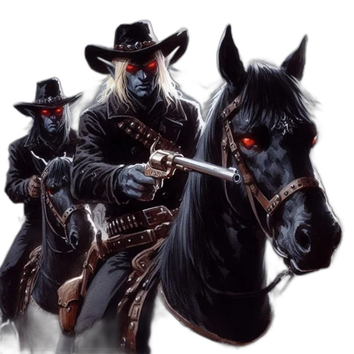 concept art, fantasy art, comic book art, photorealistic, three, pale-skinned, cowboys, red-glowing transparent PNG cut-out