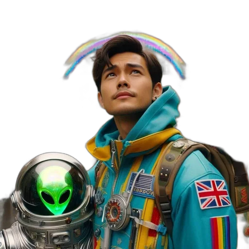 jacket, staff, robot, face, concept art, vaporwave, cyberpunk, fantasy art transparent PNG cut-out