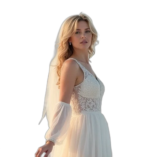 dress, jewelry, photorealistic, concept art, bride, poses, portrait, beach transparent PNG cut-out
