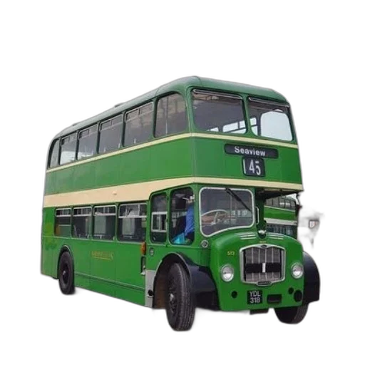3d render, photorealistic, concept art, vintage, green, double-decker, bus, route transparent PNG cut-out