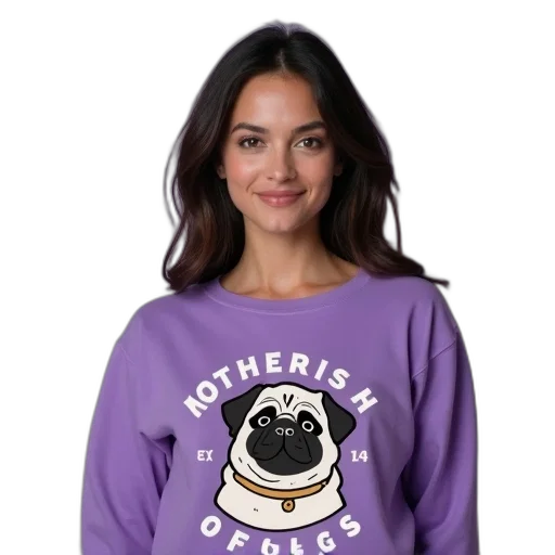 woman, wearing, purple, long-sleeve, shirt, graphic, design, reads transparent PNG cut-out