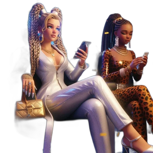 concept art, 3d render, cyberpunk, fantasy art, two, animated, females, sit transparent PNG cut-out