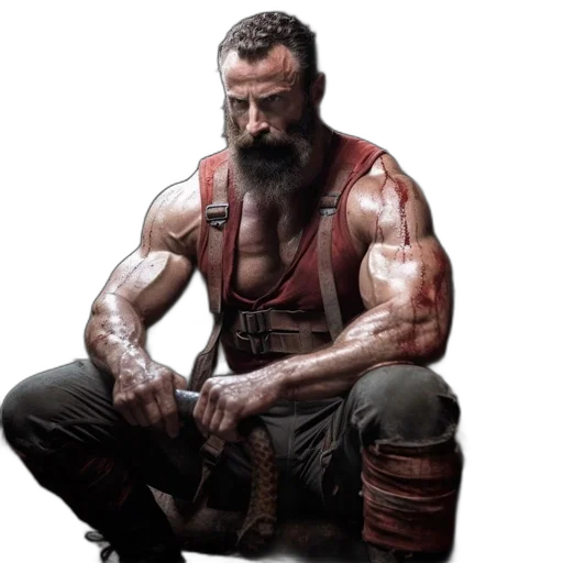 concept art, comic book art, fantasy art, photorealistic, muscular, man, sits, dimly-lit transparent PNG cut-out