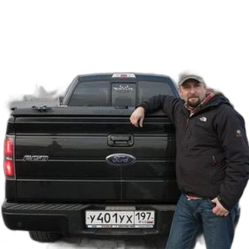 car, photorealistic, man, black, jacket, stands, next, ford transparent PNG cut-out