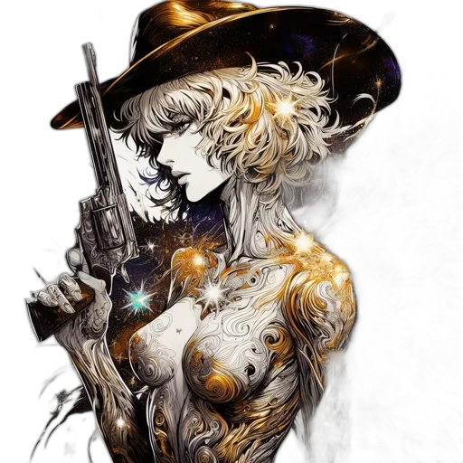 weapon, comic book art, cyberpunk, concept art, fantasy art, ethereal, woman, golden-black transparent PNG cut-out