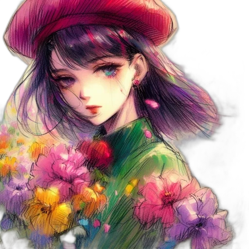 flower, hat, face, dress, watercolor, oil painting, photorealistic, fantasy art transparent PNG cut-out