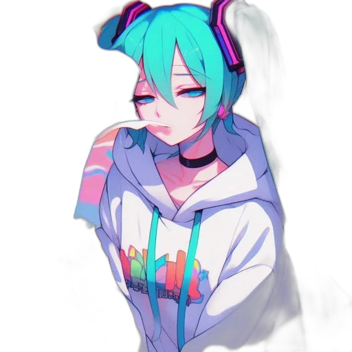 jacket, robot, staff, creature, anime, vaporwave, pixel art, cyberpunk transparent PNG cut-out