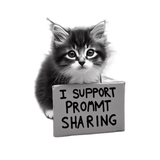 monochrome, photo, young, kitten, wearing, sign, saying, support transparent PNG cut-out